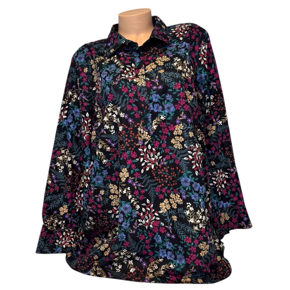 Lands' End Women's 22W Shirt 1/4 Button Long Sleeves‎ No Iron Floral Blue Blouse
